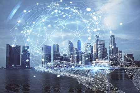 Multi exposure of social network theme drawing and cityscape background. Concept of people...