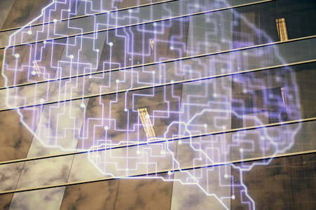 Brain hologram drawing on city scape background Double exposure. Brainstorming concept.の写真素材