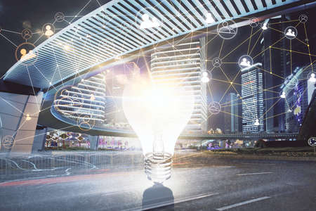 Multi exposure of social network theme drawing and cityscape background. Concept of people connecton.の写真素材