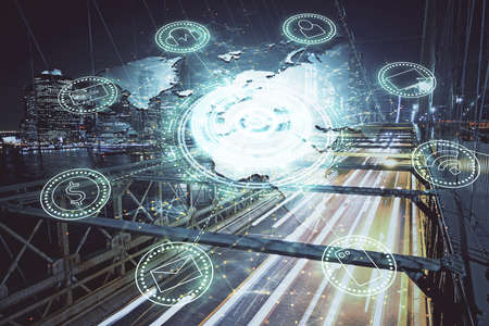 Multi exposure of social network theme drawing and cityscape background. Concept of people connecton.の写真素材