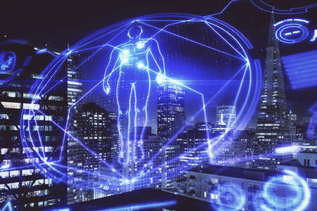 Double exposure of education theme drawing and cityscape background.の写真素材