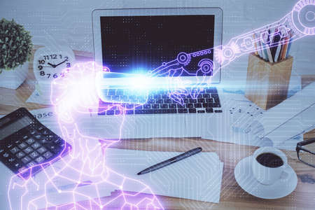 Computer on desktop with AR theme icon. Multi exposure. Concept of augmented reality.