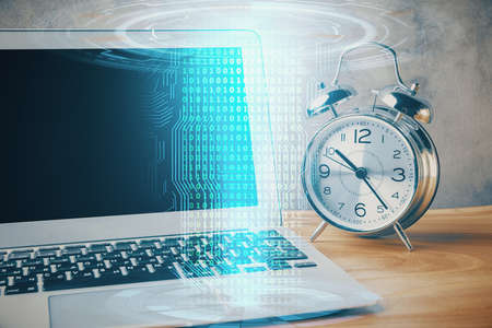 Double exposure of desktop with computer on background and tech theme drawing. Concept of big data.の写真素材