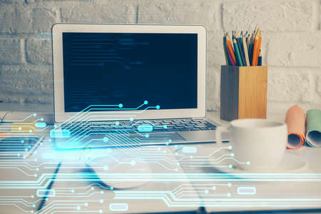 Double exposure of desktop with personal computer on background and tech theme drawing. Concept of Bigdata.の写真素材