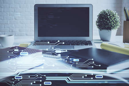 Multi exposure of desktop with personal computer and tech theme drawing. Concept of Bigdata.