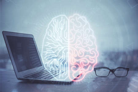 Multi exposure of work table with computer and brain hologram. Brainstorm concept.の写真素材