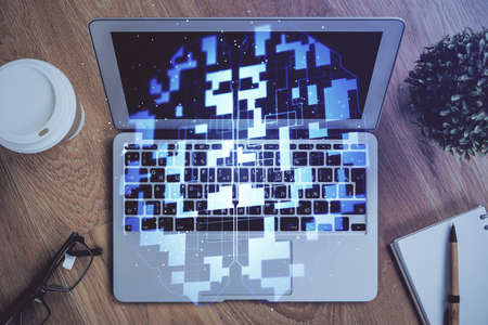 Double exposure of computer and technology theme drawing. Concept of innovation.の写真素材
