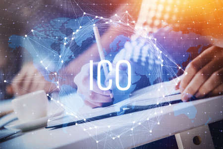 Businessman with hands background. Multi exposure with crypto currency concept.の写真素材