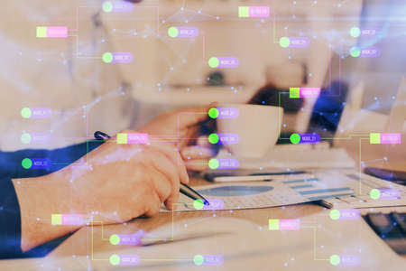 Human's hands with data theme double exposure background drawings. Concept of big data.