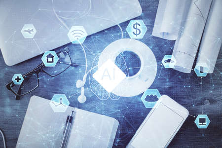 Multi exposure of data drawing hologram over topview of study desk background with computer. Concept...