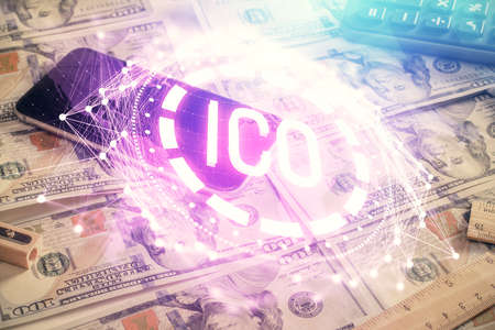 Multi exposure of crypto theme drawing over us dollars bill background. Concept of blockchain...