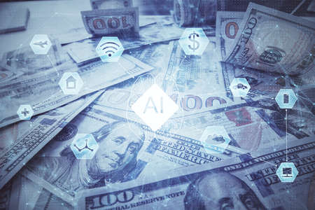 Double exposure of data theme drawing over us dollars bill background. Technology concept.の写真素材