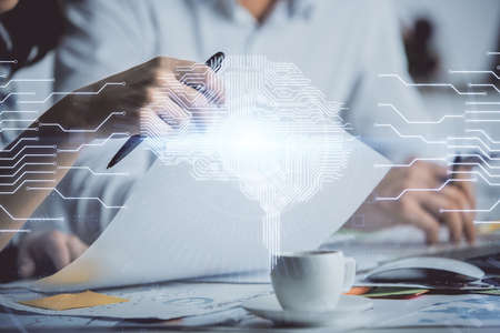 Double exposure of brain drawing over people taking notes background. Concept of Ai