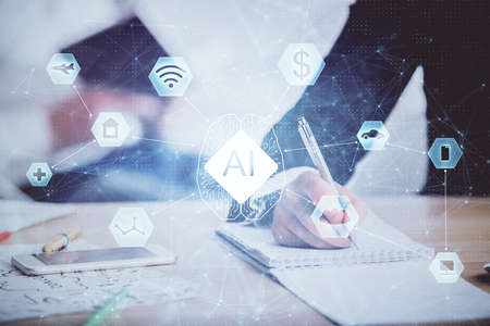 Double exposure of data theme sketch drawing over people writing background. Concept of technologyの写真素材