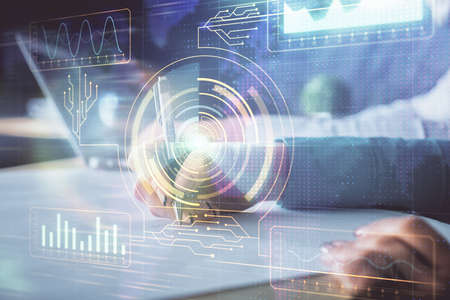 Double exposure of data theme sketch drawing over people writing background. Concept of technology