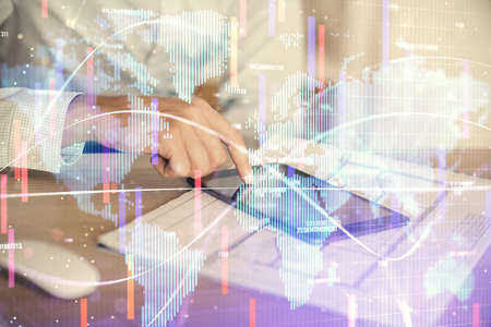Double exposure of man's hands holding and using a phone and international business theme drawing.