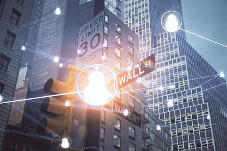 Double exposure of social network theme drawing and cityscape background. Concept of people...