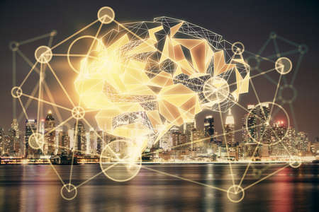 Brain hologram drawing on city scape background Double exposure. Brainstorming concept.の写真素材