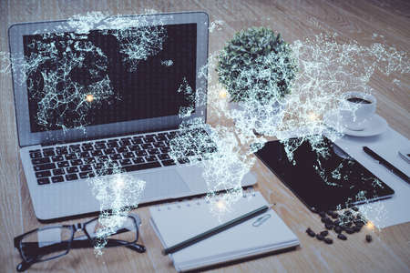 Computer on desktop with social network hologram. Double exposure. Concept of international people...