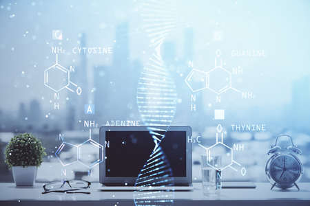 Desktop computer background and DNA drawing. Double exposure. Science concept.