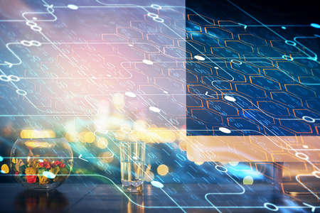 Multi exposure of desktop with computer on background and tech theme drawing. Concept of big data.