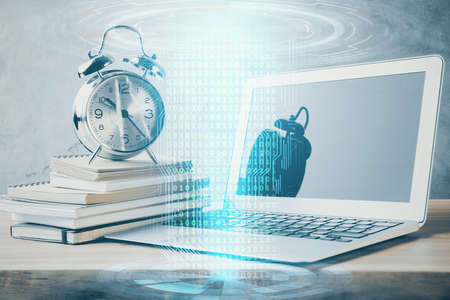 Double exposure of desktop with computer on background and tech theme drawing. Concept of big data.