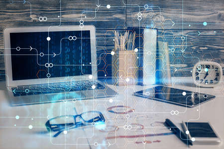 Multi exposure of desktop with computer on background and tech theme drawing. Concept of big data.