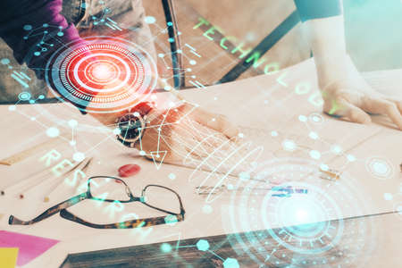 Writing man with technology icons. . Double exposure. Network and data concept.