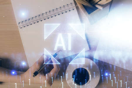 Multi exposure of woman's writing hand on background with data technology hud. Concept of innovation.の写真素材