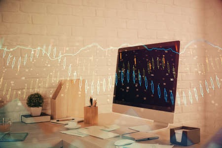 Double exposure of stock market graph drawing and office interior background. Concept of financial...