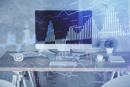Multi exposure of financial graph drawing and office interior background. Concept of market...