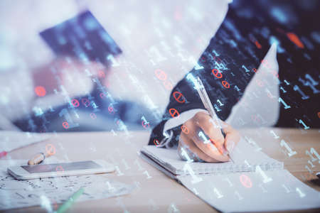 Double exposure of data theme sketch drawing over people writing background. Concept of technology