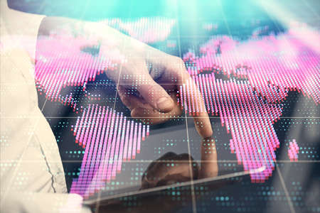 Double exposure of man's hands holding and using a phone and international business theme drawing.