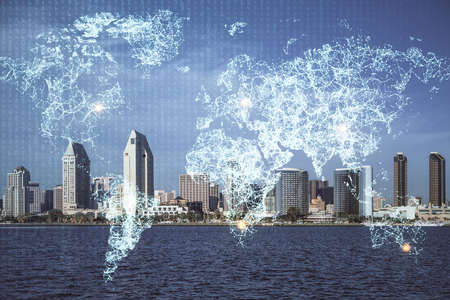 Double exposure of social network theme drawing and cityscape background. Concept of people...