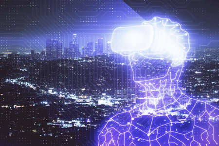 Double exposure of AR people drawing and cityscape background. Concept of augmented reality.