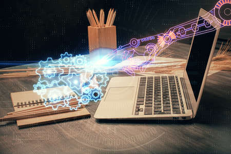 Multi exposure of table with computer on background and data theme drawing. Concept of innovation.