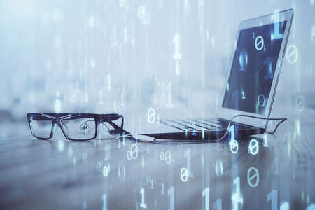 Double exposure of computer and technology theme drawing. Concept of innovation.