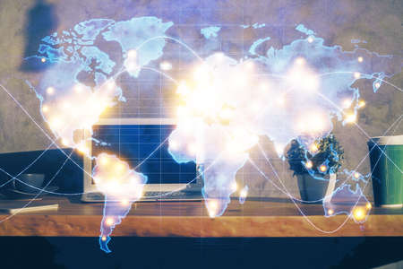 Multi exposure of business theme icons and table with computer background. Concept of success.の写真素材
