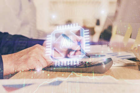 Writing man's hands background with data drawings. Double exposure. Network and data concept.