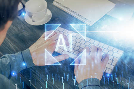 Double exposure of tech drawings with hands working on computer background. Concept of innovation.