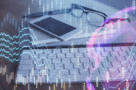 Double exposure of forex chart drawing and cell phone background. Concept of financial trading
