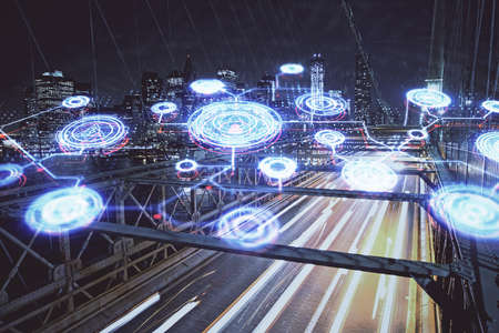 Multi exposure of social network theme drawing and cityscape background. Concept of people...