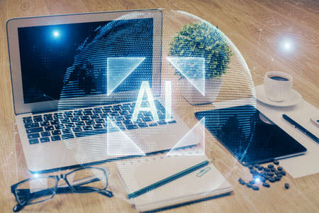 Double exposure of table with computer on background and data theme drawing. Concept of innovation.の写真素材