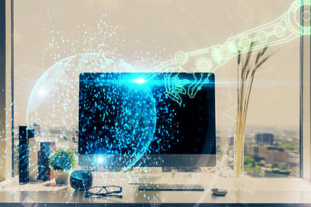 Multi exposure of table with computer on background and data theme drawing. Concept of innovation.
