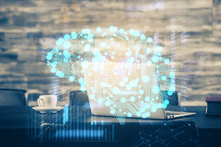 Double exposure of desktop computer and human brain drawing hologram. Ai concept.の写真素材