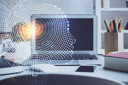 Double exposure of work space with computer and human brain drawing hologram. Brainstorm concept.の写真素材