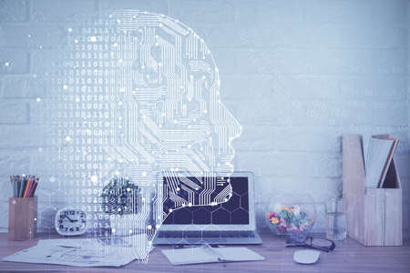 Double exposure of work space with computer and human brain drawing hologram. Brainstorm concept.の写真素材