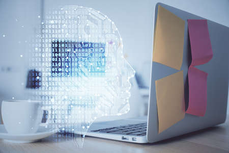 Double exposure of work space with computer and human brain drawing hologram. Brainstorm concept.の写真素材