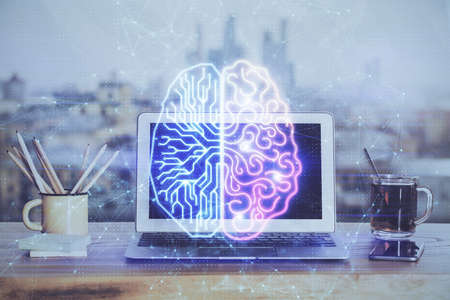 Multi exposure of work space with computer and human brain hologram. Brainstorm concept.の写真素材