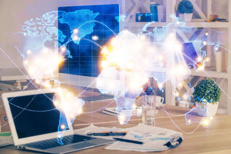 Multi exposure of business theme icons and table with computer background. Concept of success.